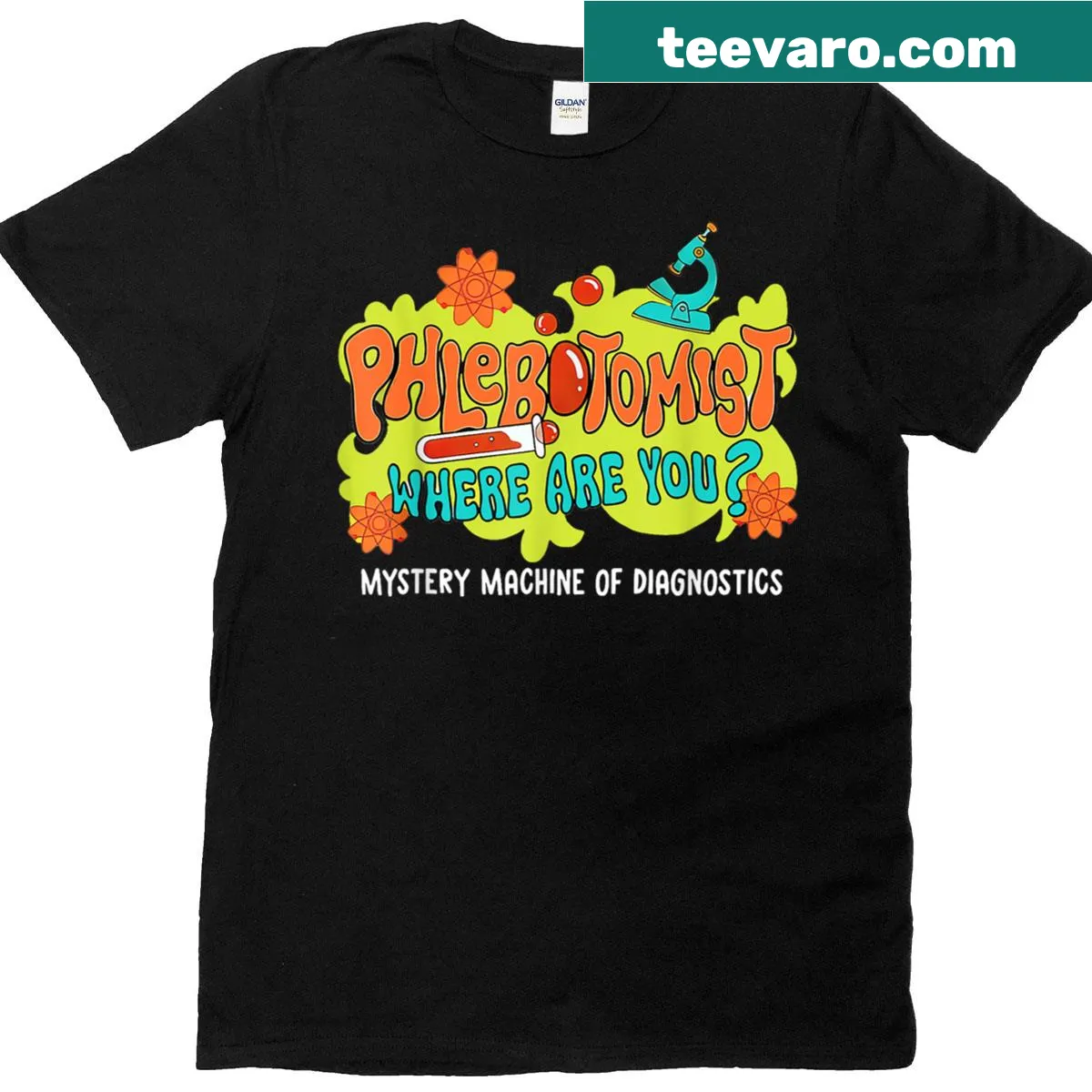 Playful T-shirt for phlebotomists with a mystery machine graphic. — on a men's t-shirt