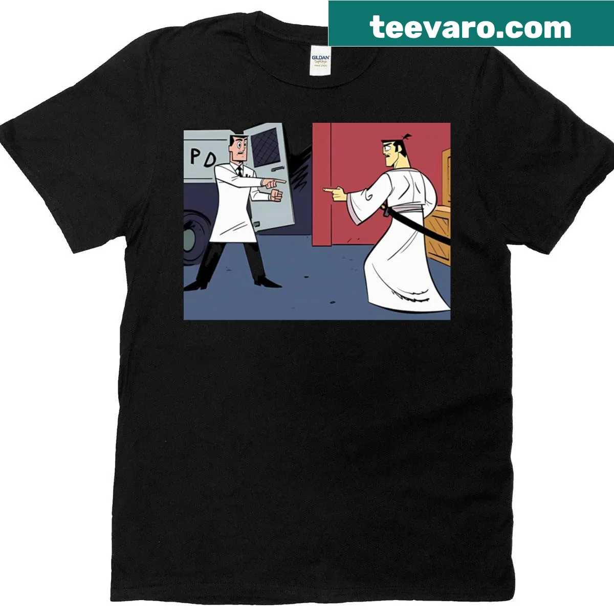 Powerpuff vs Samurai Jack T-shirt with cartoon graphic — on a men's t-shirt
