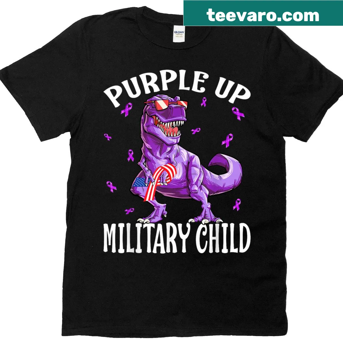 Playful T-rex in military gear for Military Child Month on a purple shirt — on a men's t-shirt