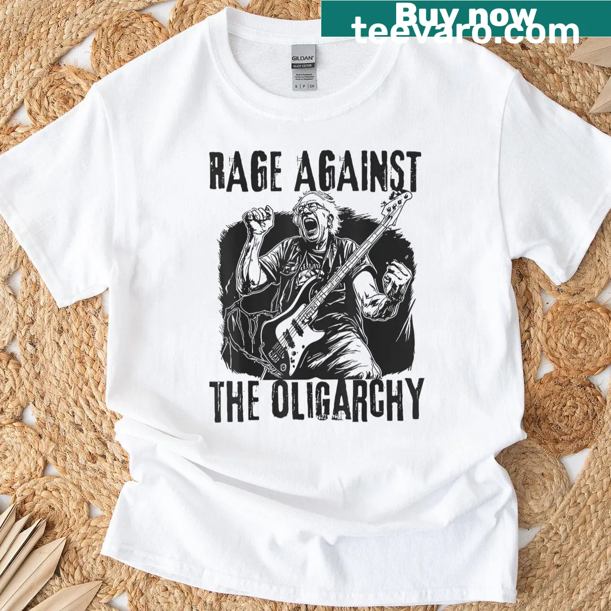 T-shirt with 'Rage Against Oligarchy' in bold typography — on a men's t-shirt