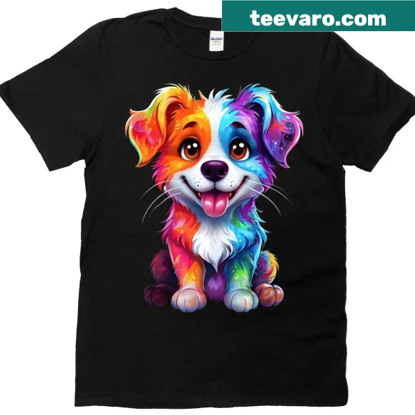 Colorful smiling dog graphic with rainbow theme on a t-shirt