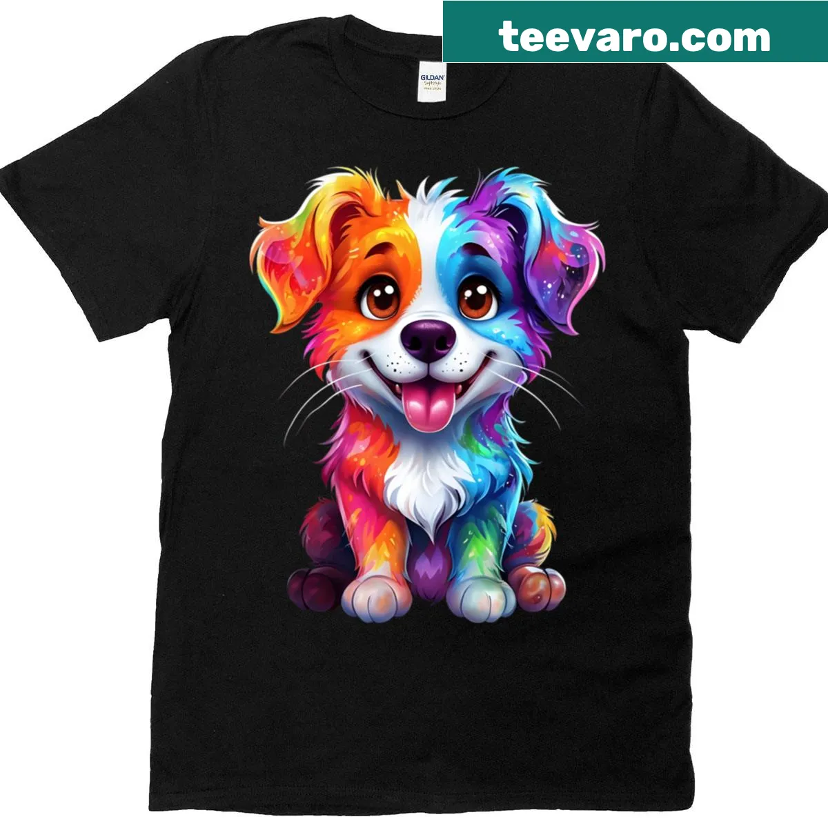 Colorful smiling dog graphic with rainbow theme on a t-shirt — on a men's t-shirt