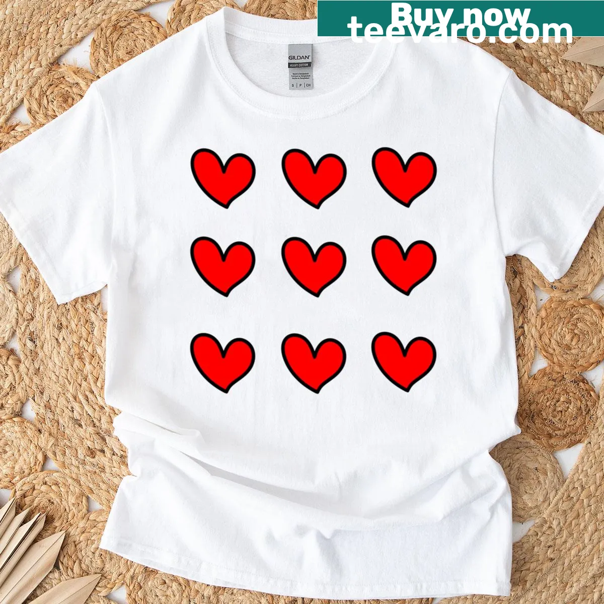 Playful T-shirt with whimsical red heart design — on a men's t-shirt