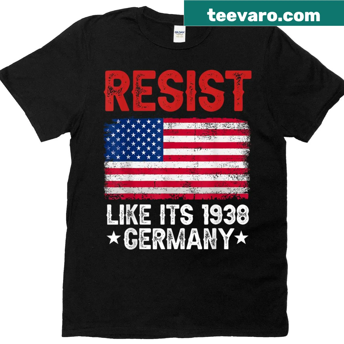 Historical Germany and USA flag t-shirt with resist message — on a men's t-shirt