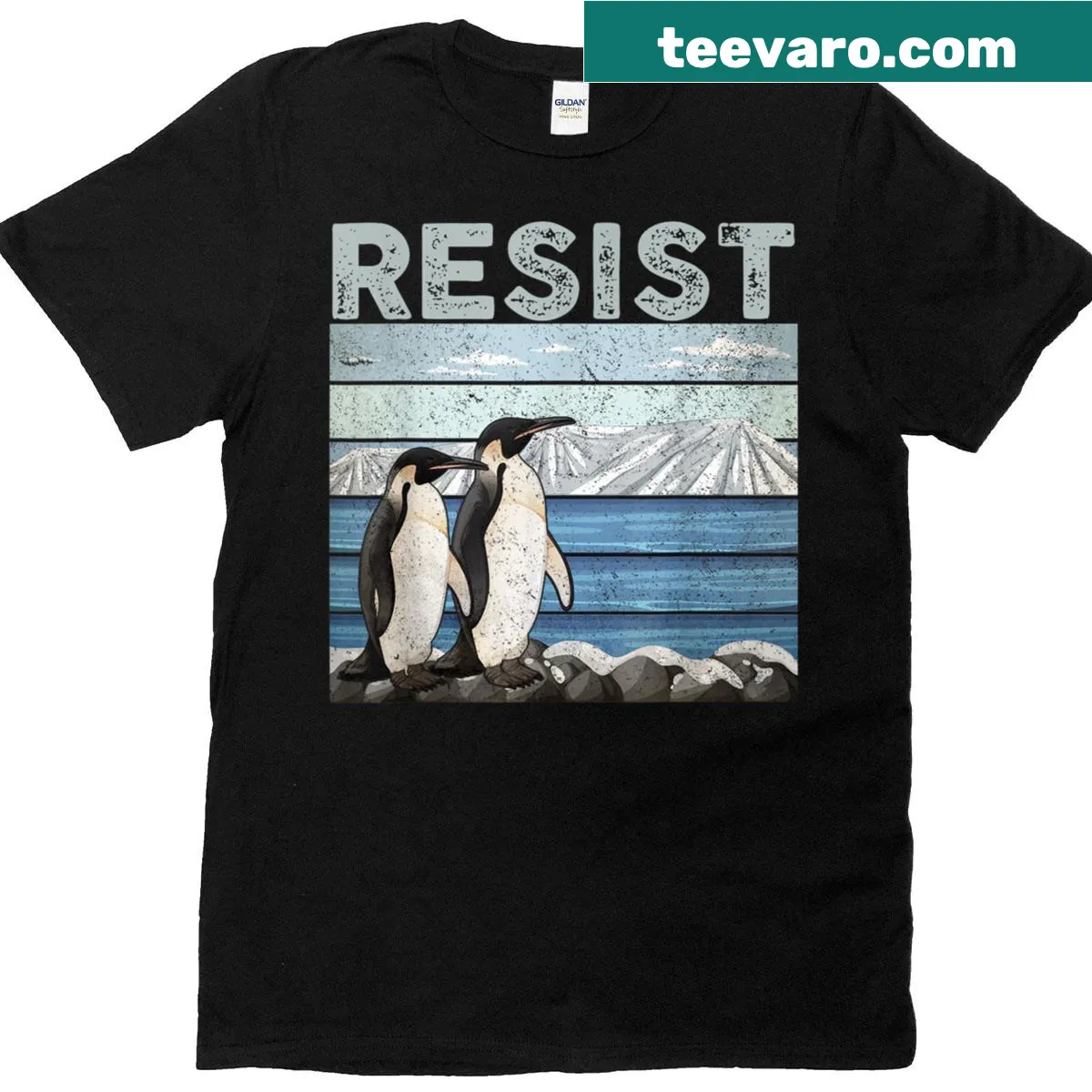 Text-based Resist Penguin Activism t-shirt — on a men's t-shirt