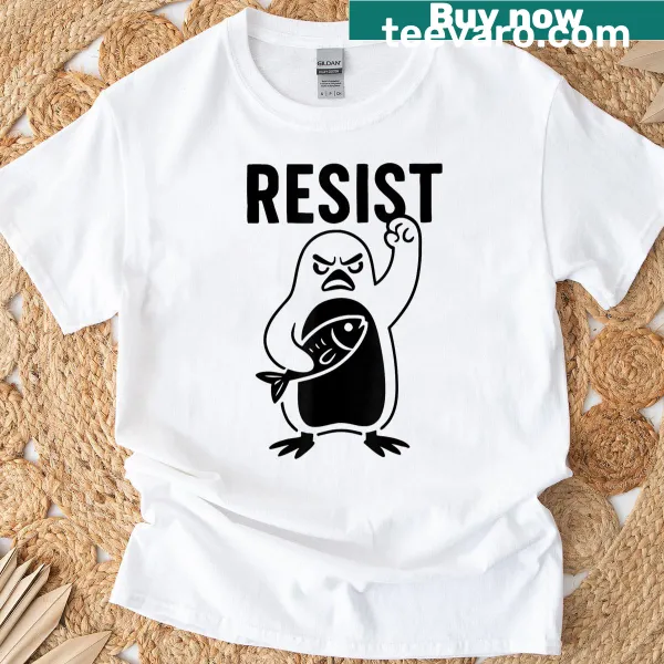 Playful T-shirt featuring a cartoon penguin with a resistance message