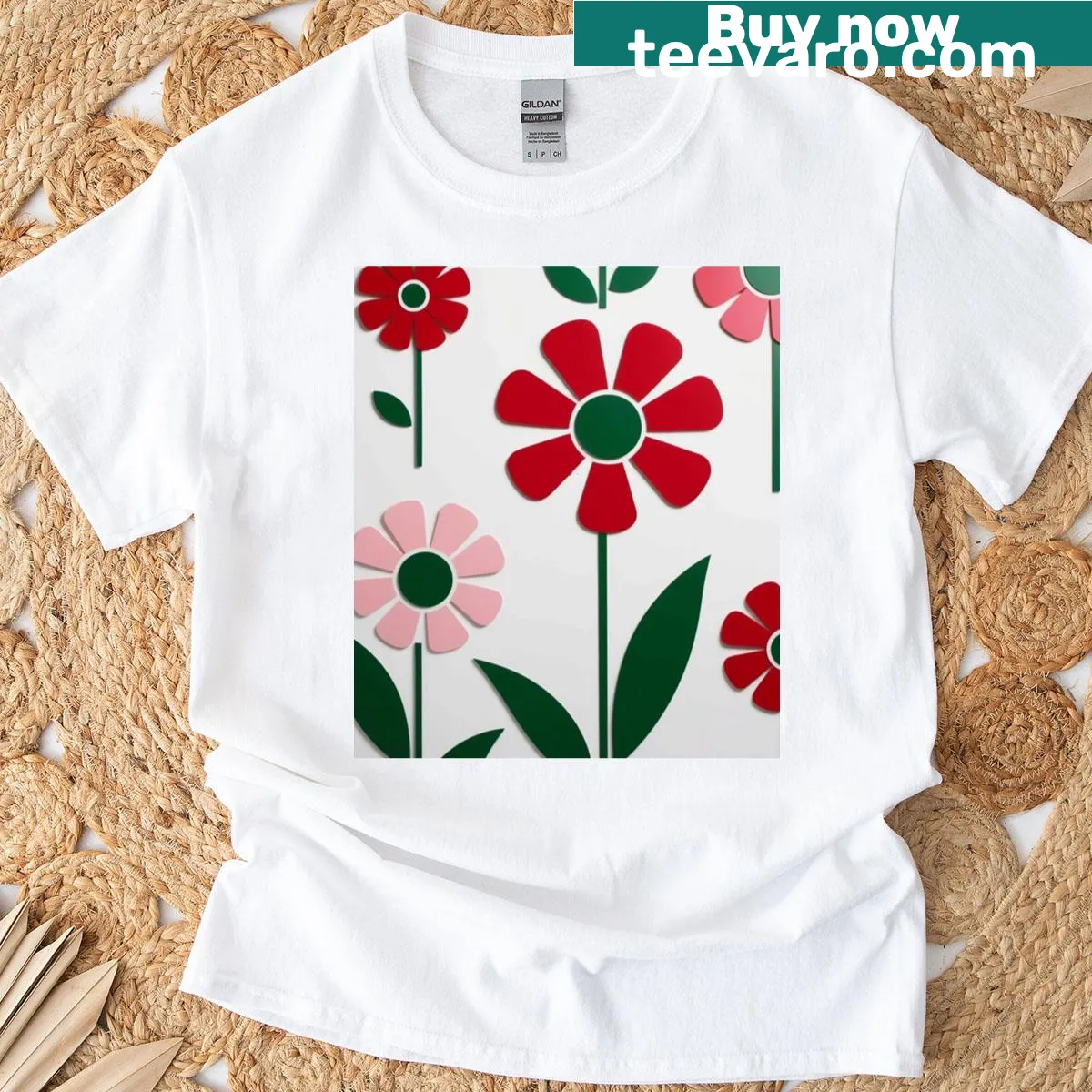 Retro floral pop art T-shirt with red and pink blooms — on a men's t-shirt