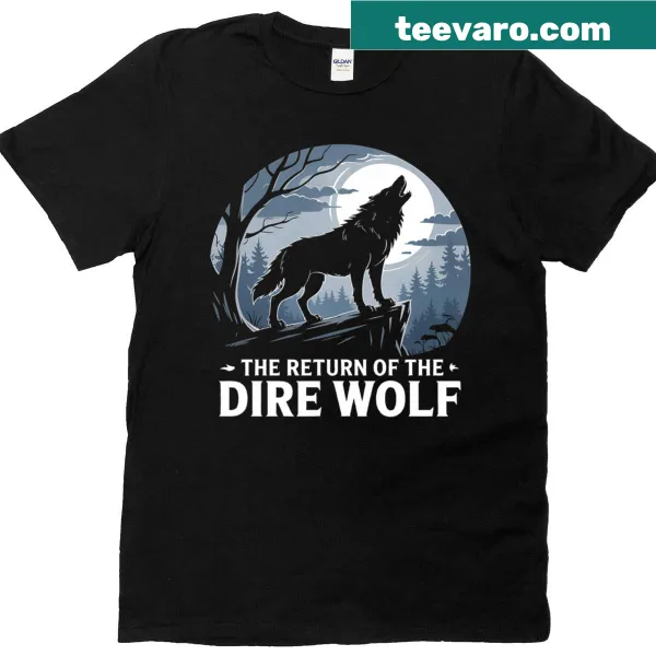 Intricate illustration of a dire wolf on a fantasy-themed T-shirt