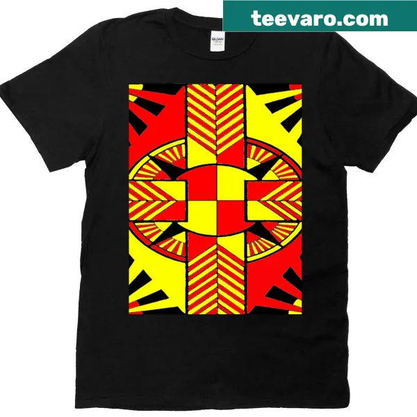 Graphic t-shirt with abstract red, black, and yellow design.