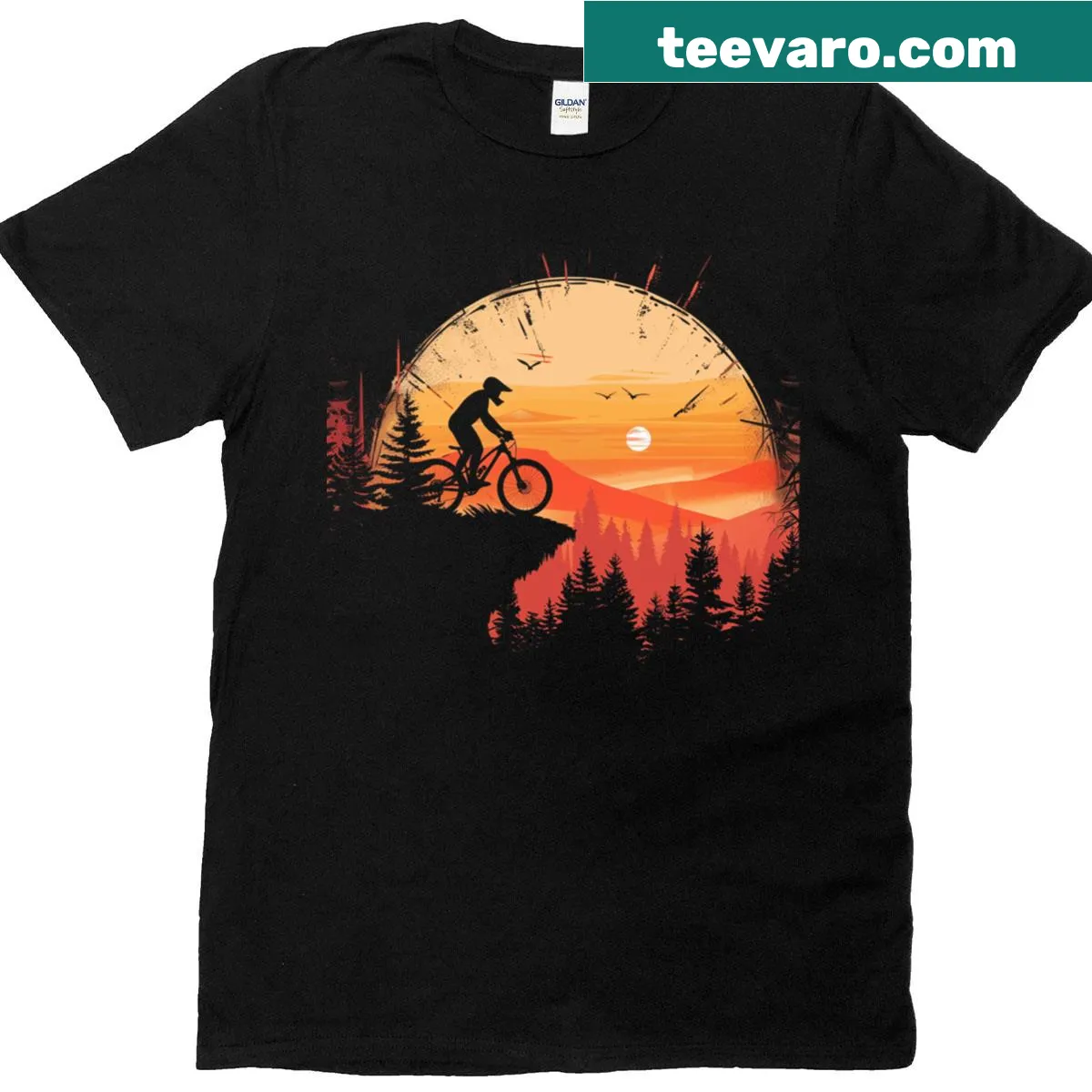 Silhouette of a horse and rider against a sunset on a T-shirt — on a men's t-shirt
