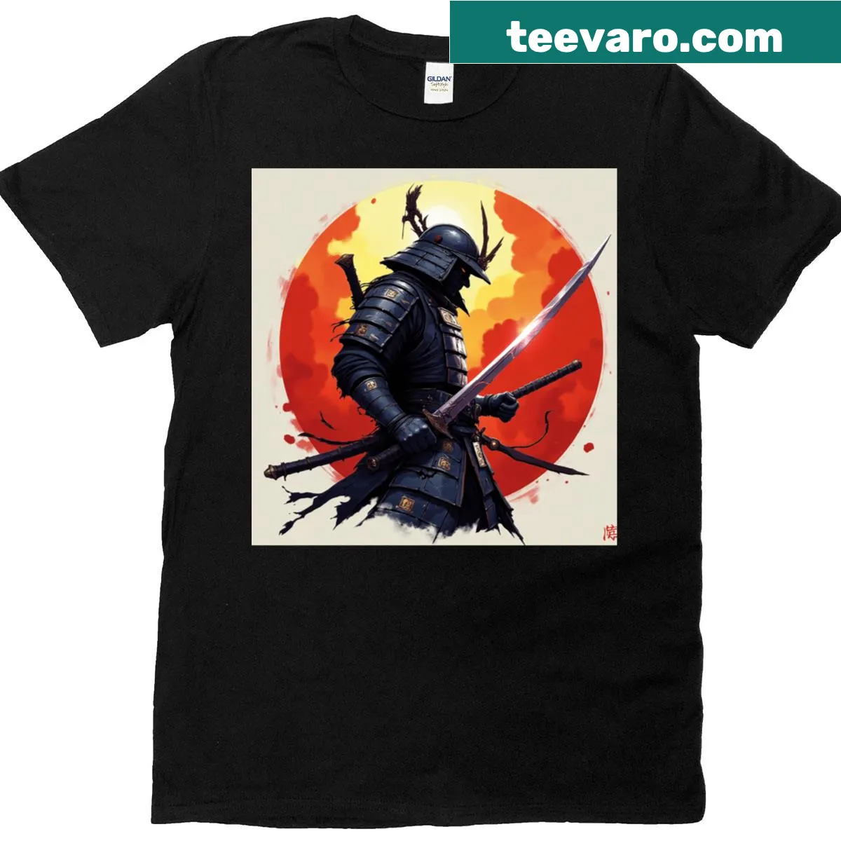 T-shirt featuring a red samurai illustration. — on a men's t-shirt