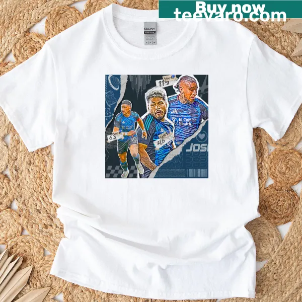 Dynamic squad design T-shirt for San Jose soccer fans.