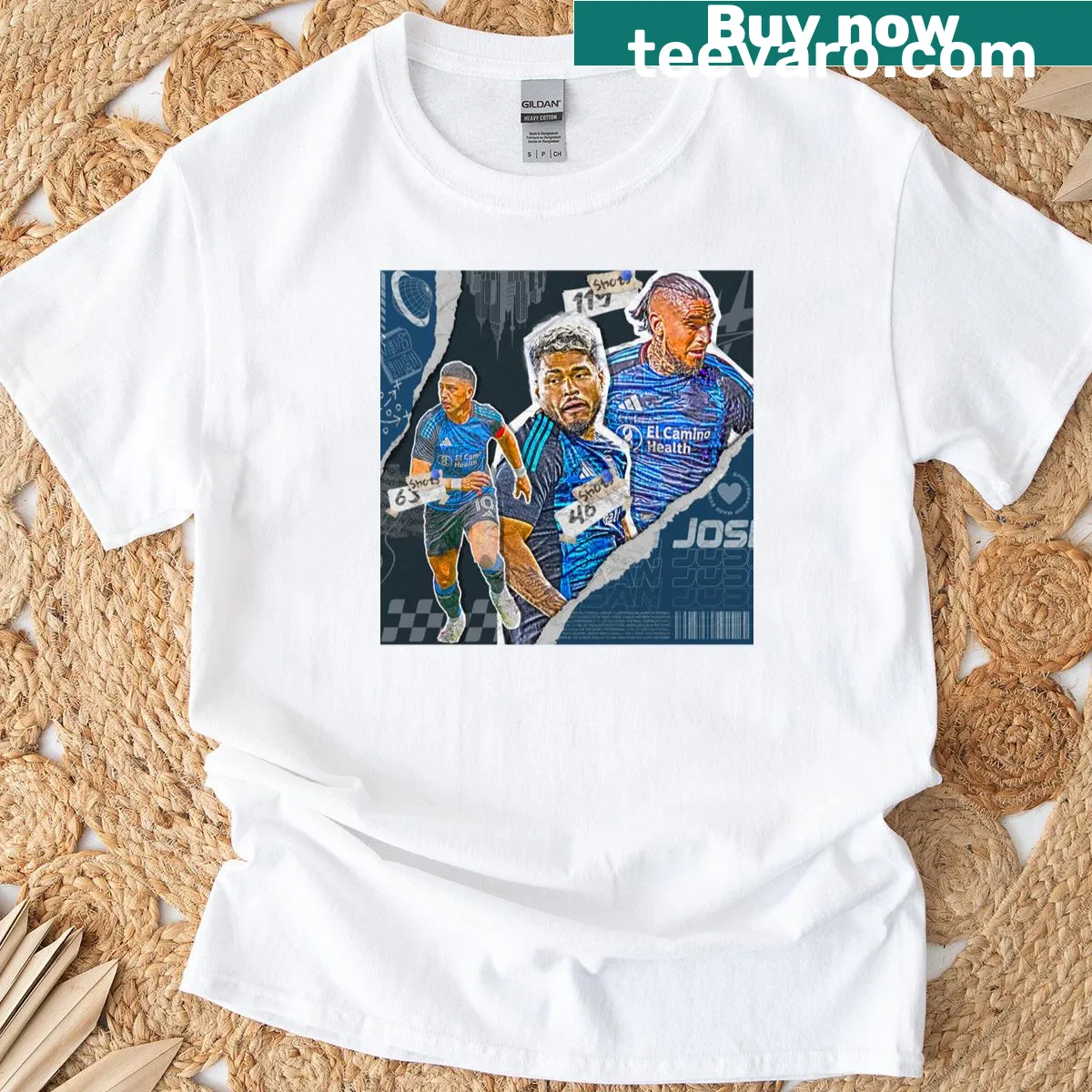 Dynamic squad design T-shirt for San Jose soccer fans. — on a men's t-shirt