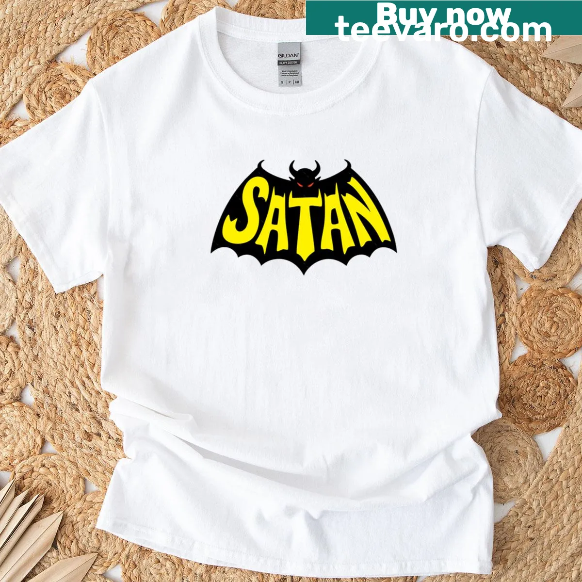 Retro distressed Satan logo t-shirt with bold typography — on a men's t-shirt