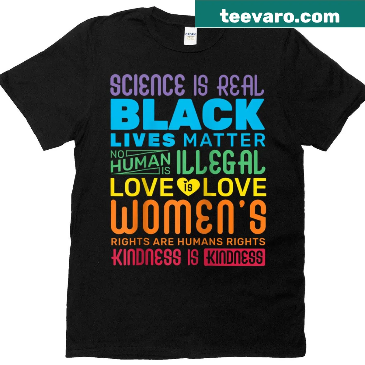 Raglan tee with 'Science is Real' and social justice messages — on a men's t-shirt