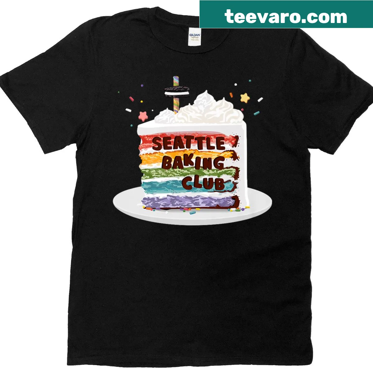 Illustration of baking tools and treats on a Seattle Baking Club T-shirt — on a men's t-shirt