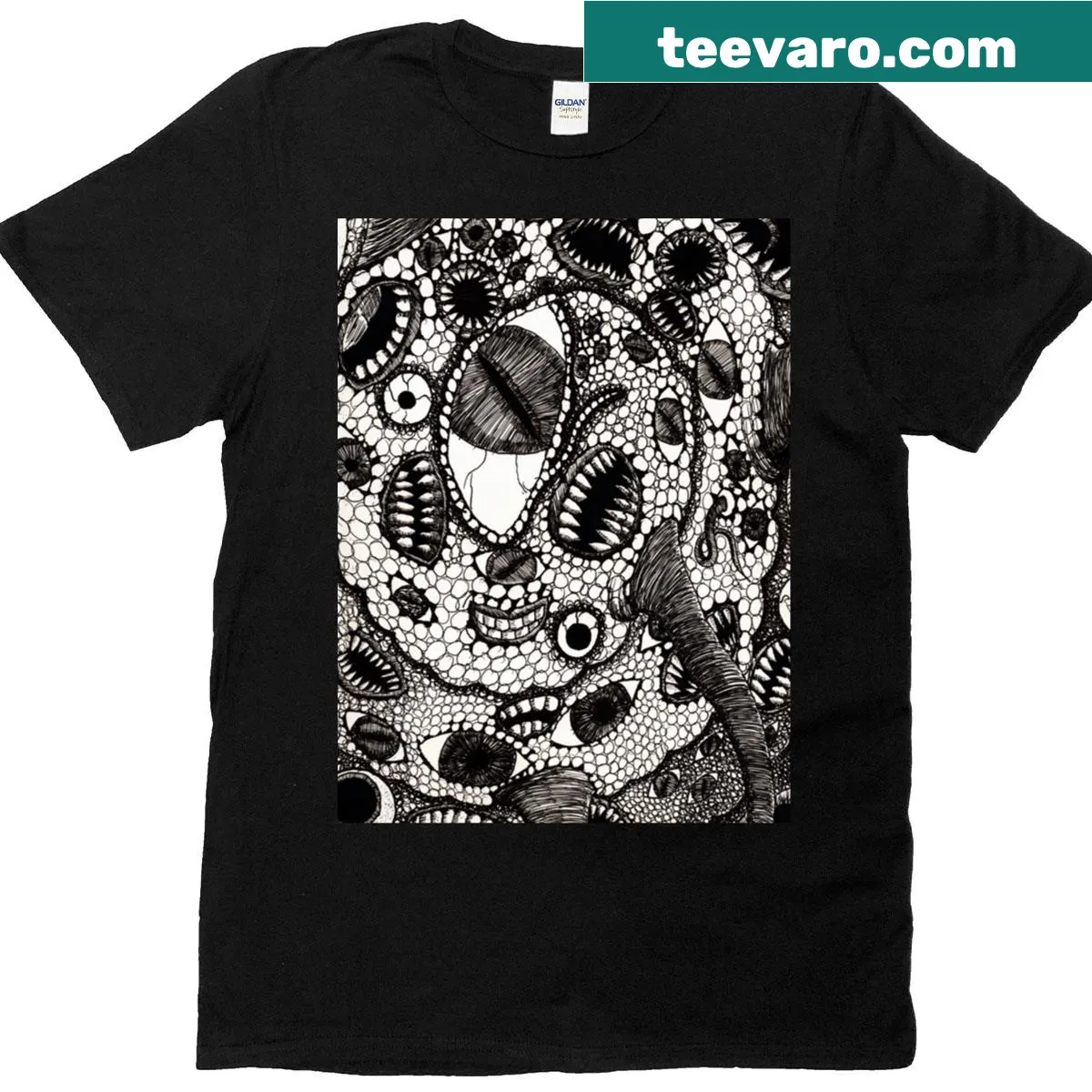 Illustration of a Shoggoth on a horror-themed T-shirt — on a men's t-shirt