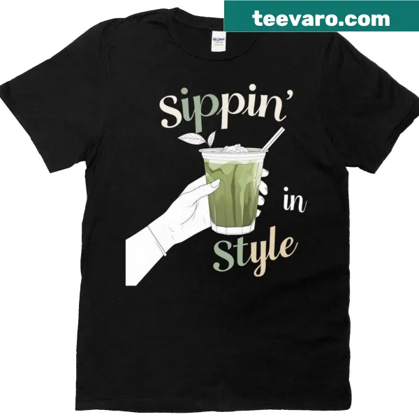 Cute T-shirt with illustration of a hand holding iced matcha drink