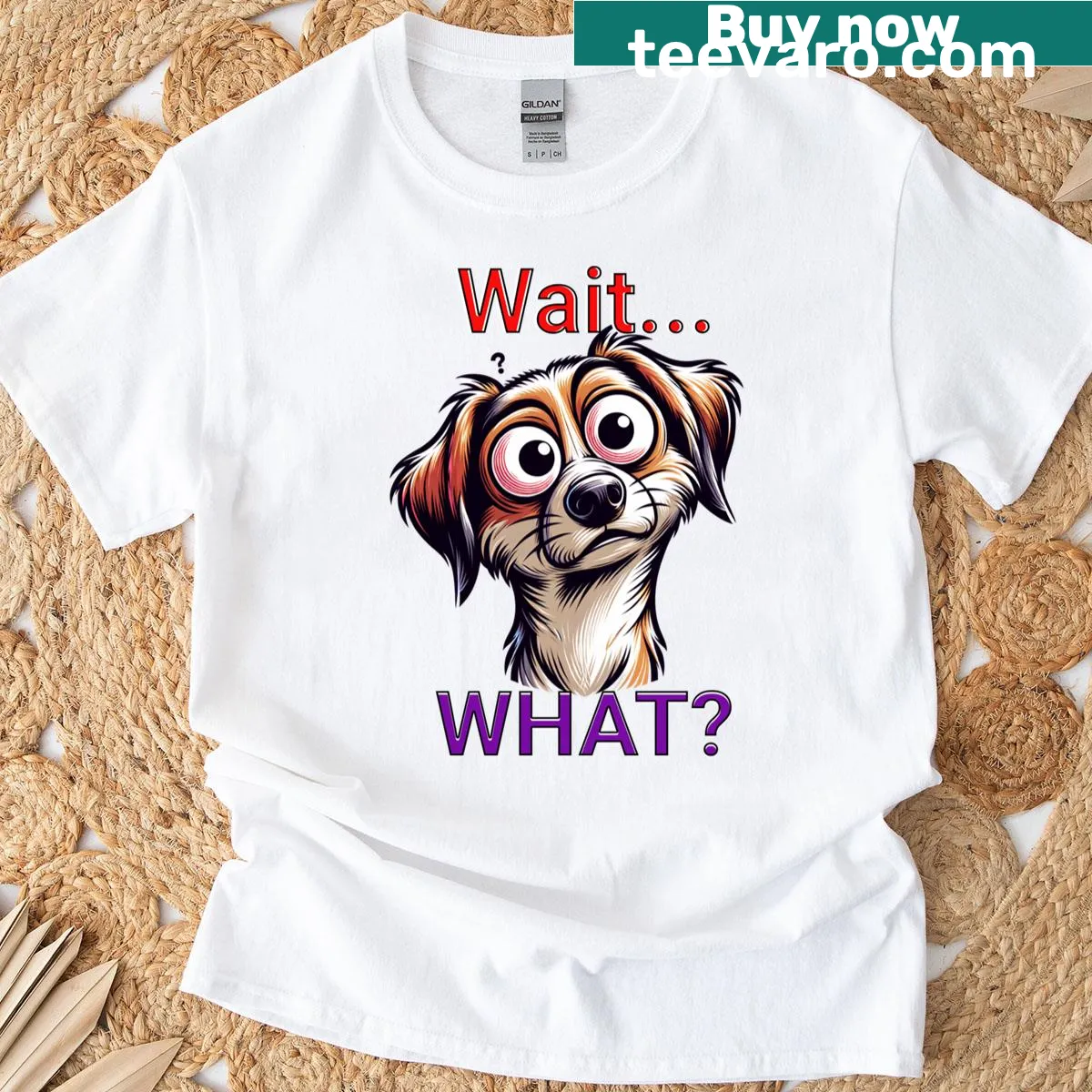 Cartoon t-shirt featuring a sleepy but alert confused dog — on a men's t-shirt