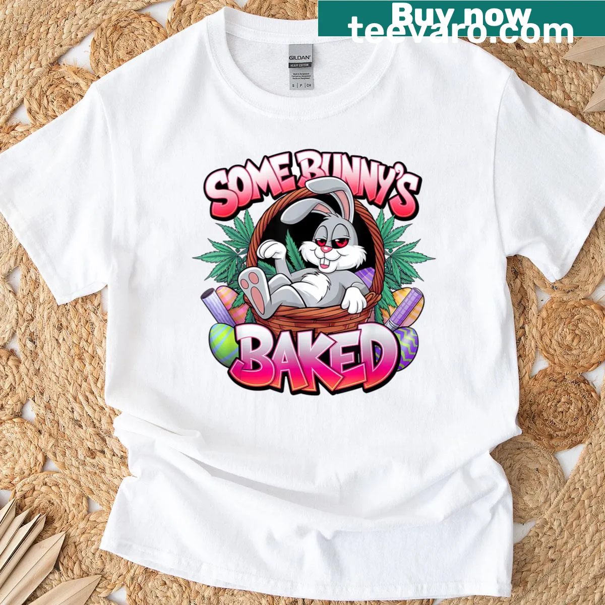 Cute Easter bunny t-shirt with 420 humor for kids — on a men's t-shirt