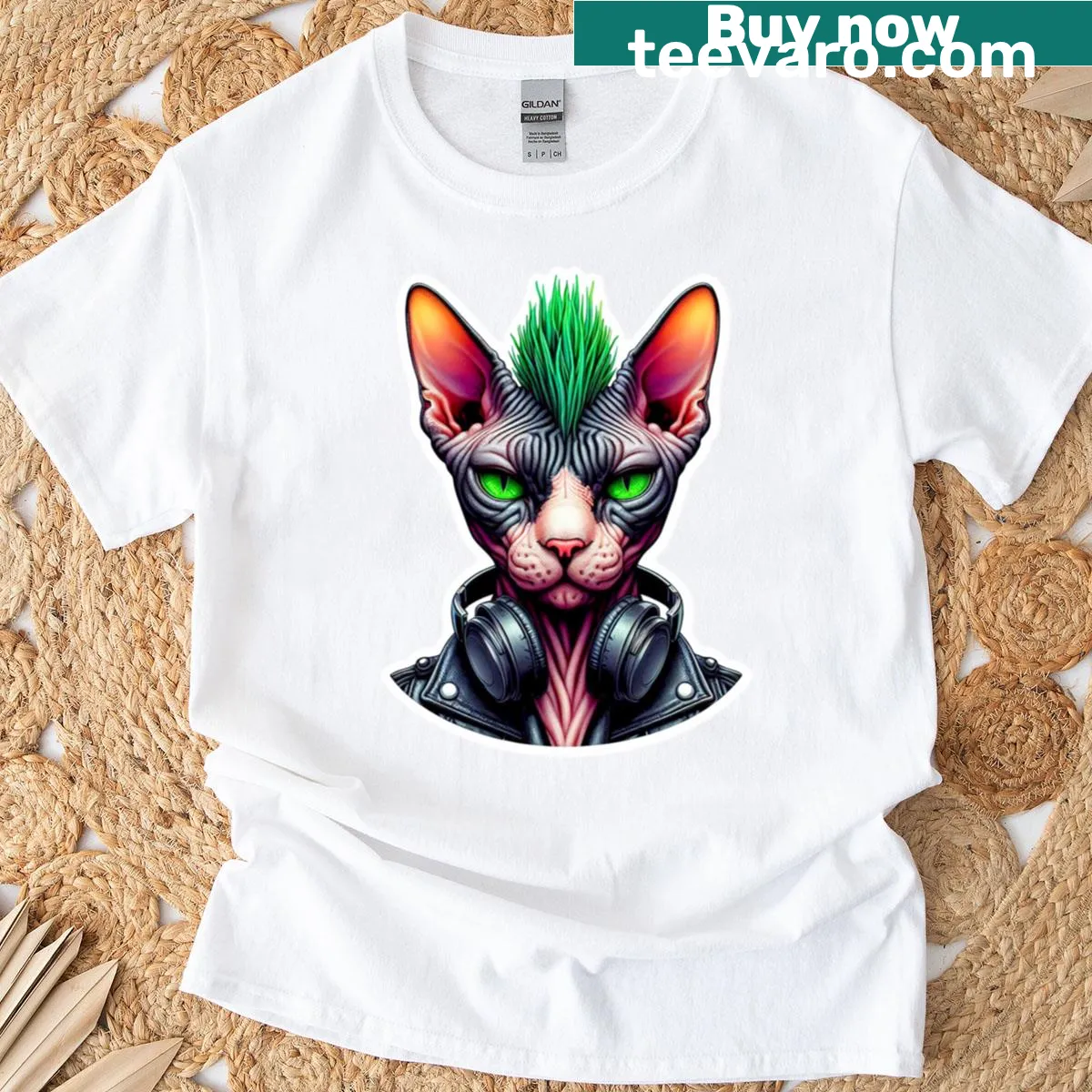 Punk rock Sphynx cat graphic t-shirt — on a men's t-shirt