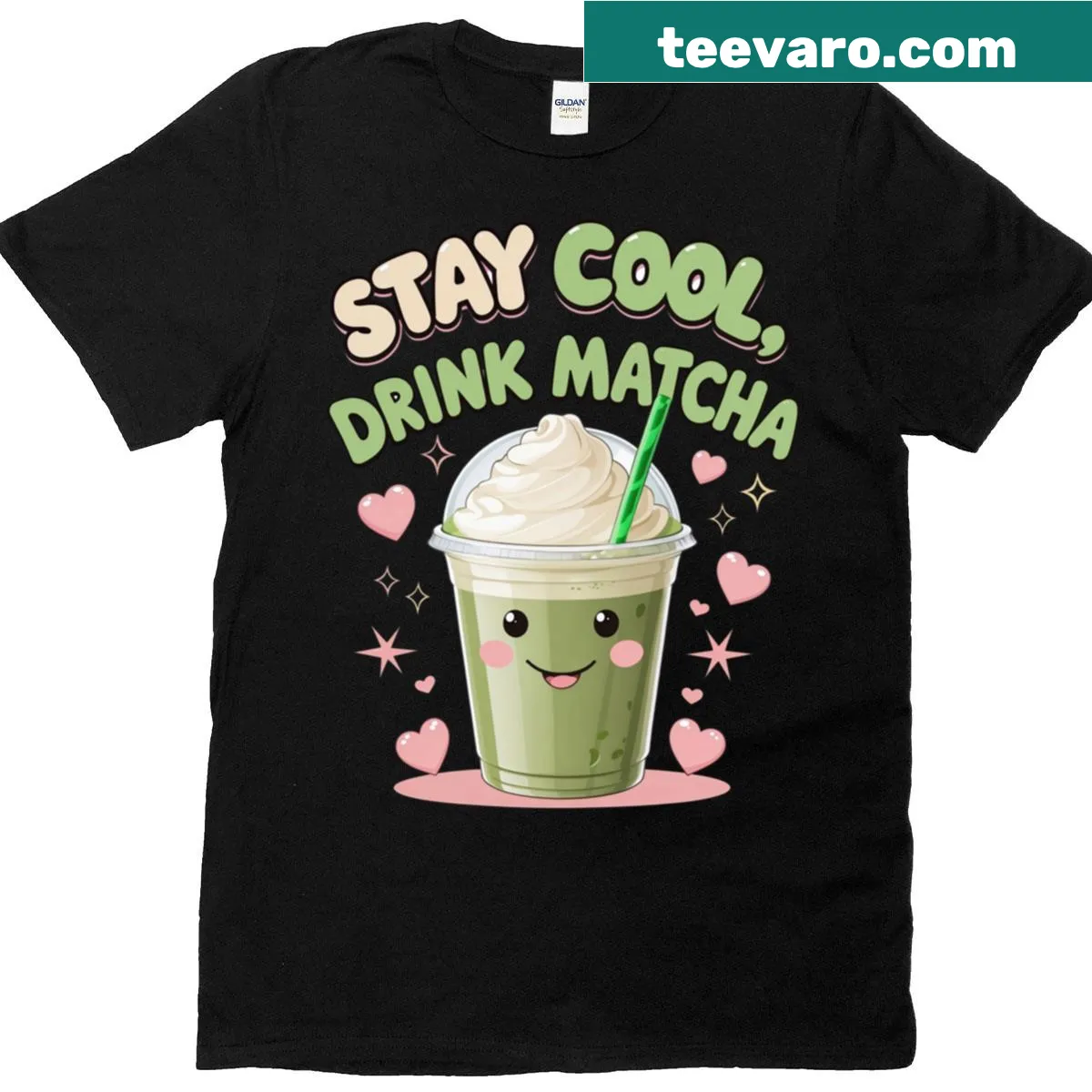 Illustration of a matcha drink with whipped cream and boba on a T-shirt — on a men's t-shirt