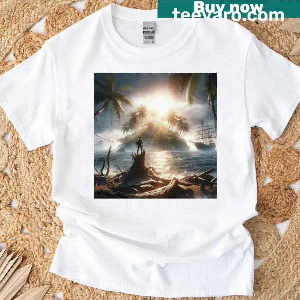 Whimsical island graphic on a casual t-shirt