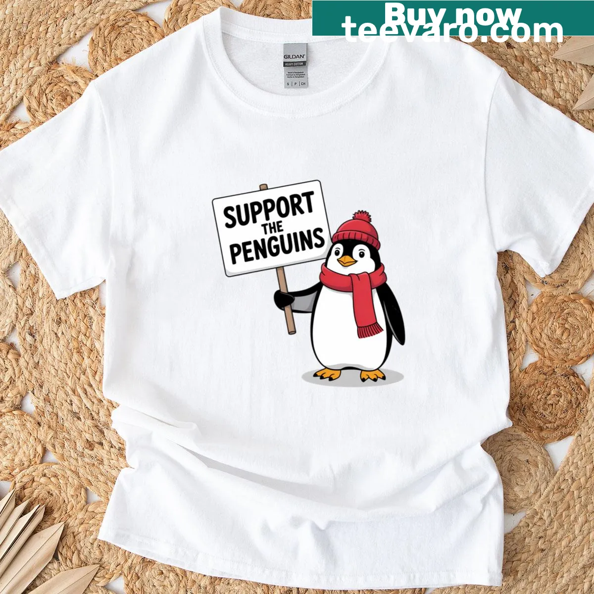Funny t-shirt featuring a penguin design with a social message — on a men's t-shirt