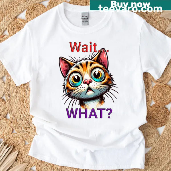 Funny t-shirt featuring a surprised cat with a confused expression