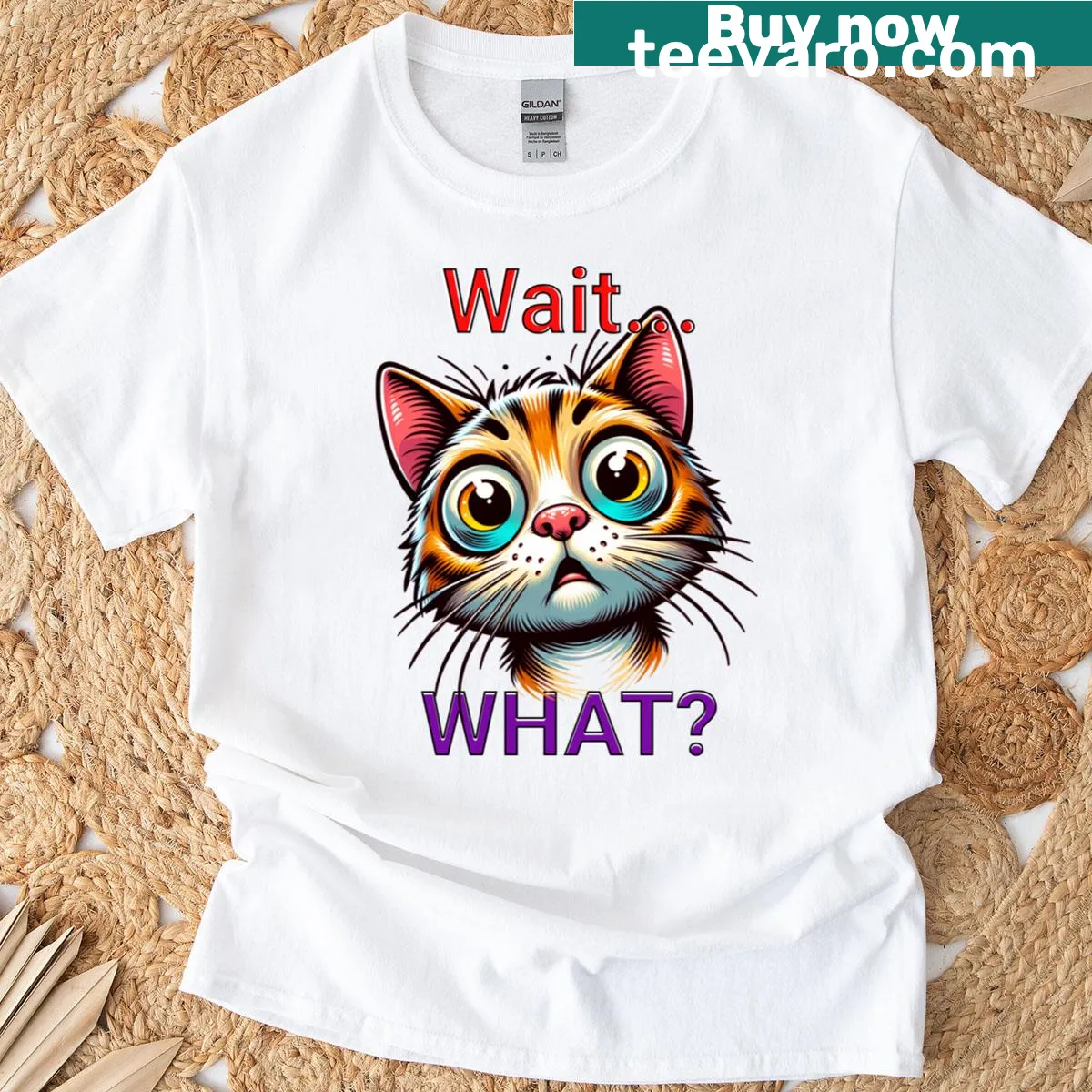 Funny t-shirt featuring a surprised cat with a confused expression — on a men's t-shirt
