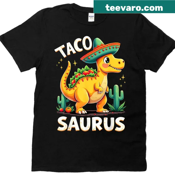 Funny Tacosaurus dinosaur enjoying tacos illustration