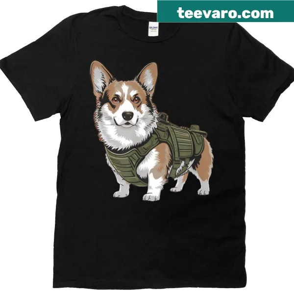 Retro corgi graphic t-shirt with tactical theme in vintage style