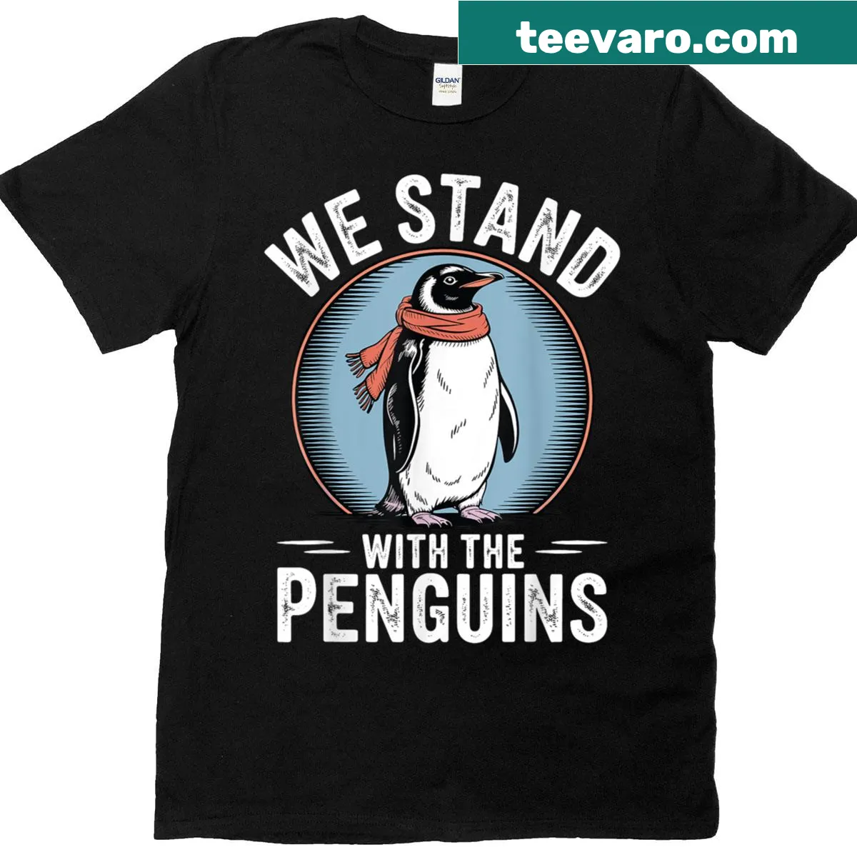 T-shirt with whimsical penguin illustration and text — on a men's t-shirt
