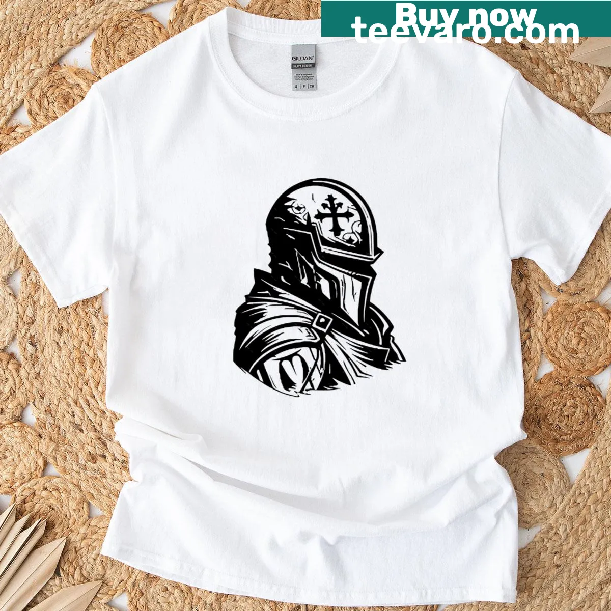 Illustrated Templar warrior t-shirt with side black view design — on a men's t-shirt