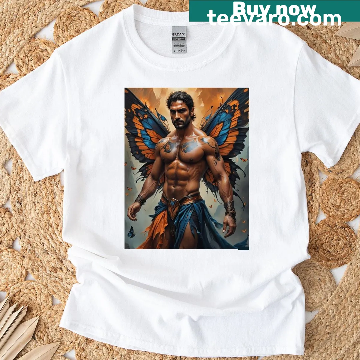 Illustrated butterfly T-shirt representing transformation and nature — on a men's t-shirt