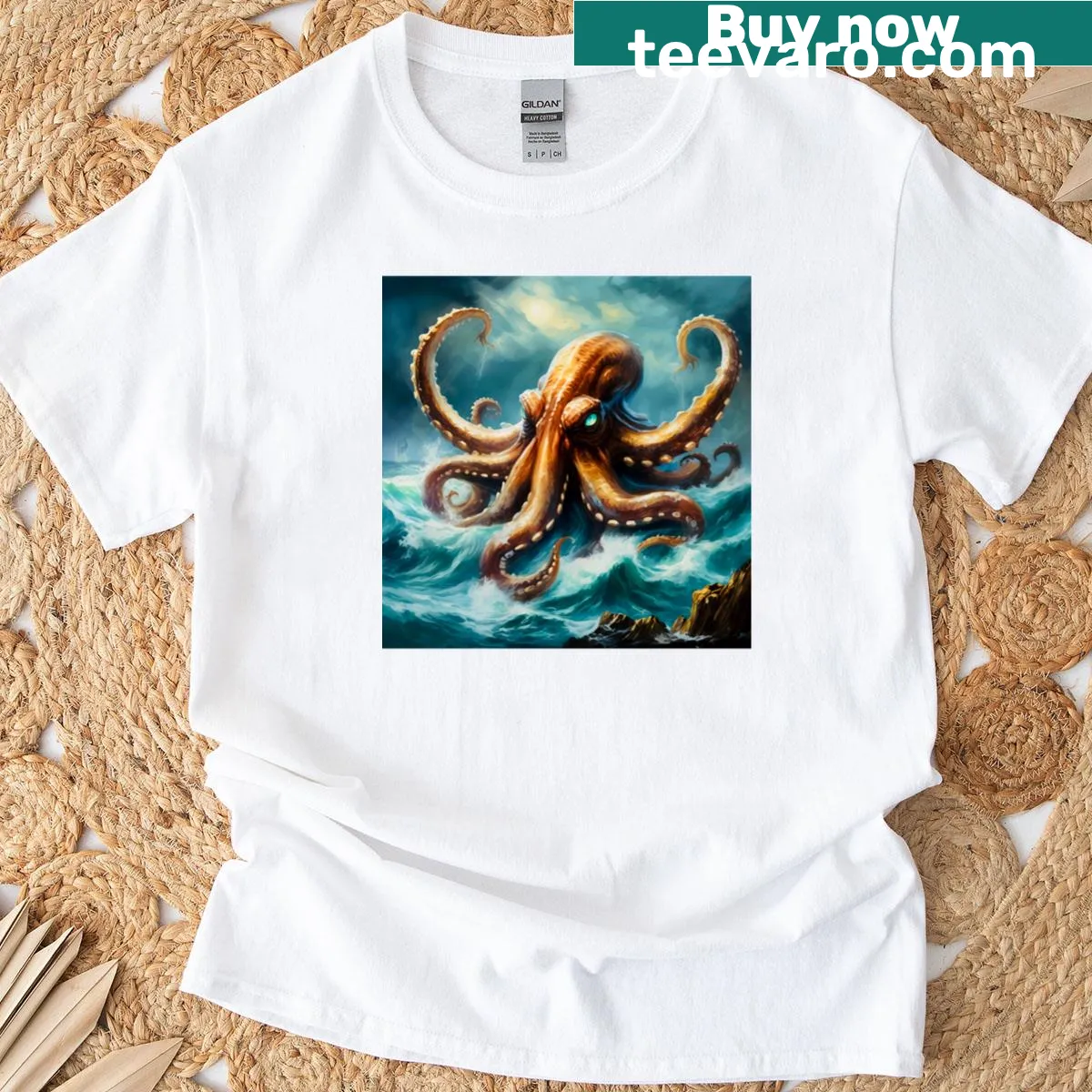 Illustrated T-shirt of the Kraken emerging from the ocean — on a men's t-shirt