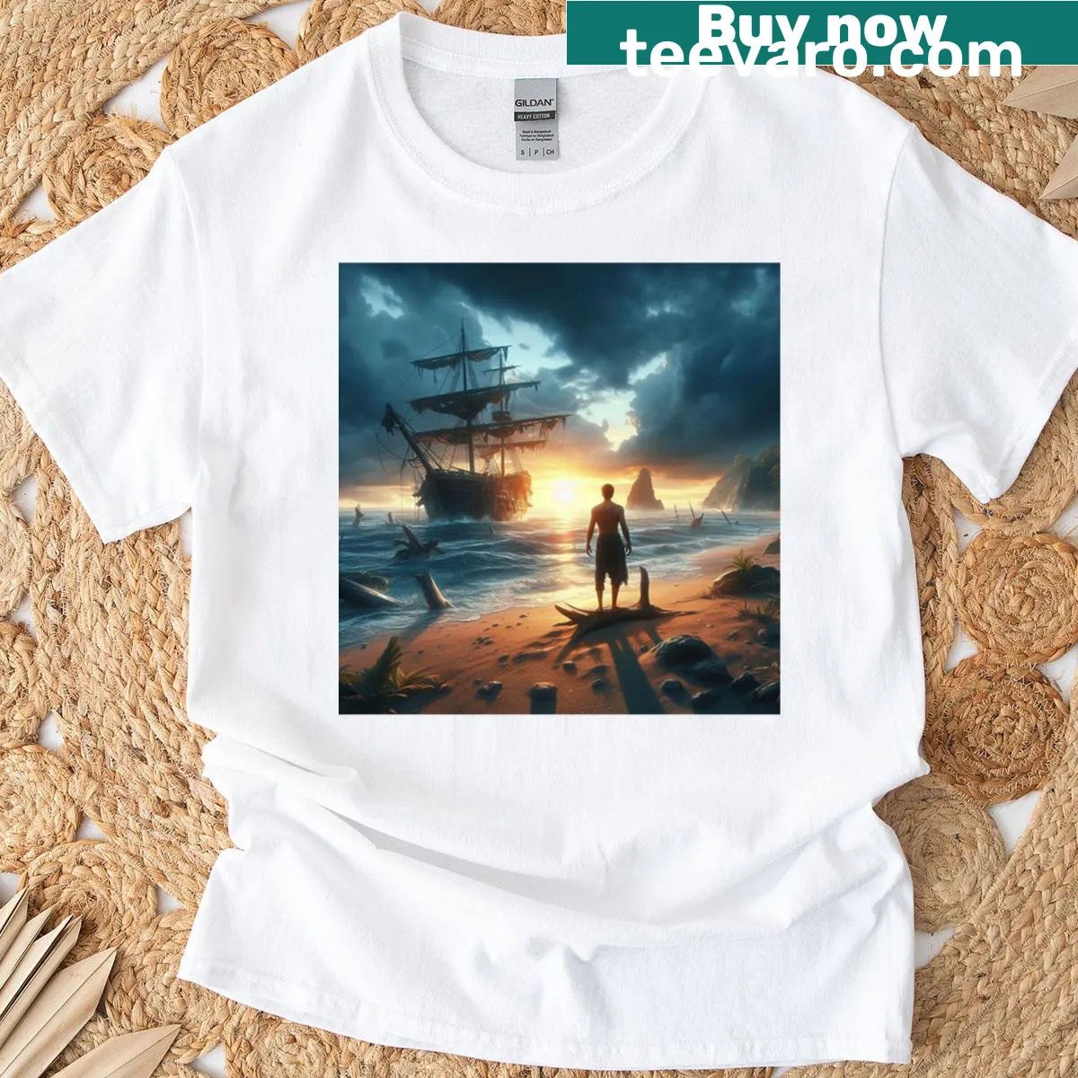 Illustration of a ship-wrecked man being rescued on a t-shirt — on a men's t-shirt