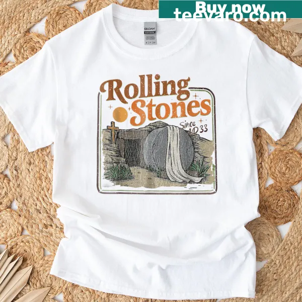 Retro Easter T-shirt with the phrase 'He Is Alive' and a graphic of a rolled stone