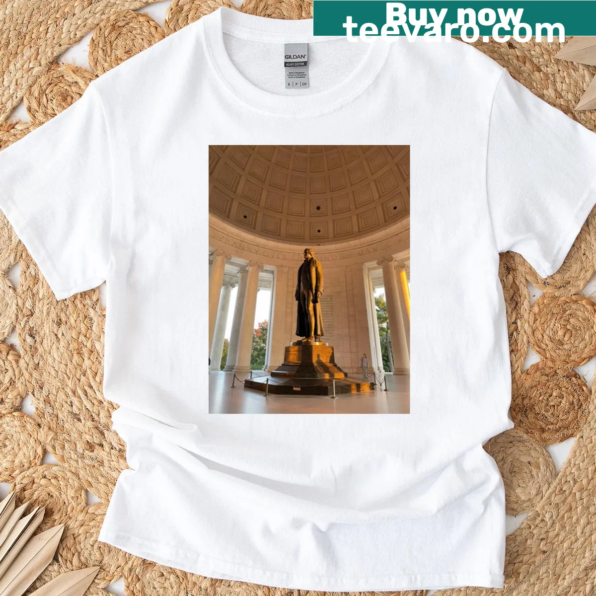 Vintage distressed T-shirt featuring a graphic of Thomas Jefferson — on a men's t-shirt