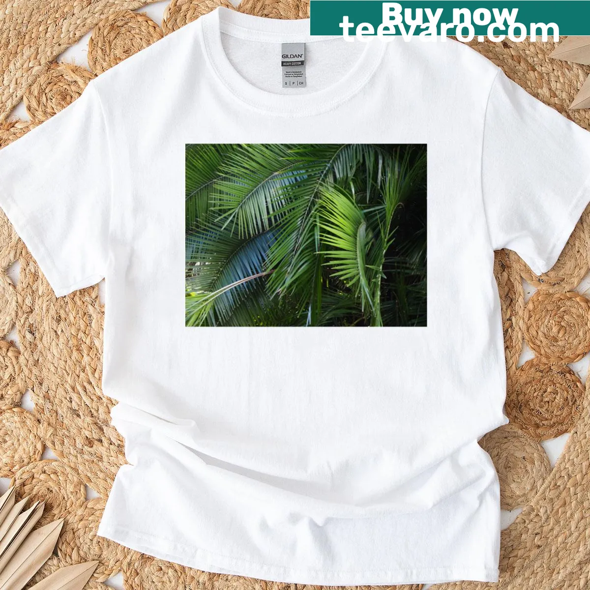 Long t-shirt with a tropical-themed design — on a men's t-shirt