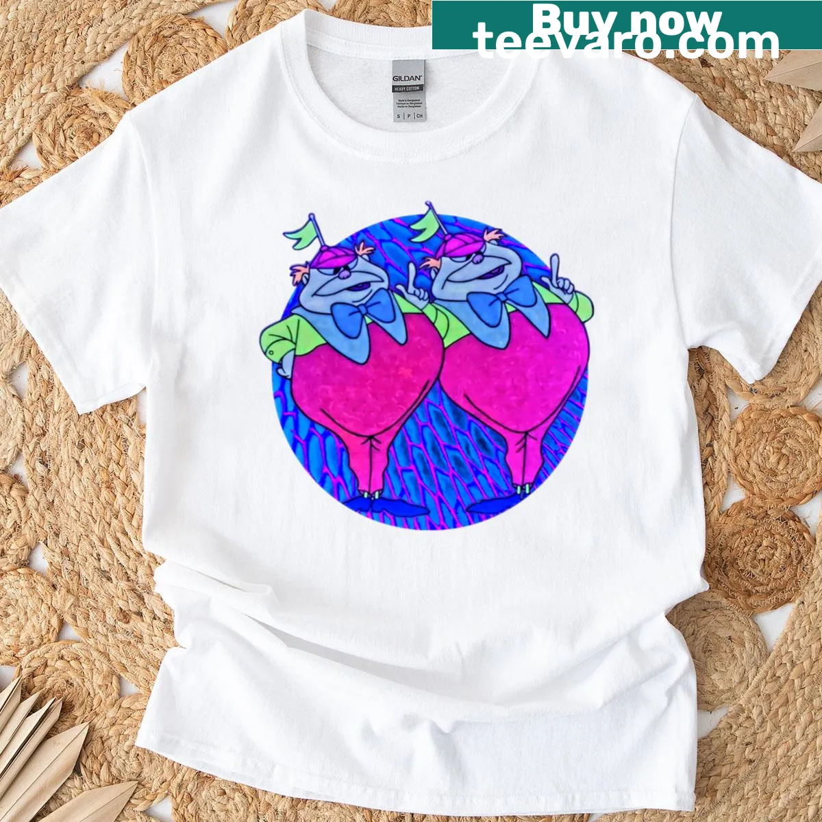 Cartoon T-shirt featuring Tweedle Dee and Tweedle Dum — on a men's t-shirt