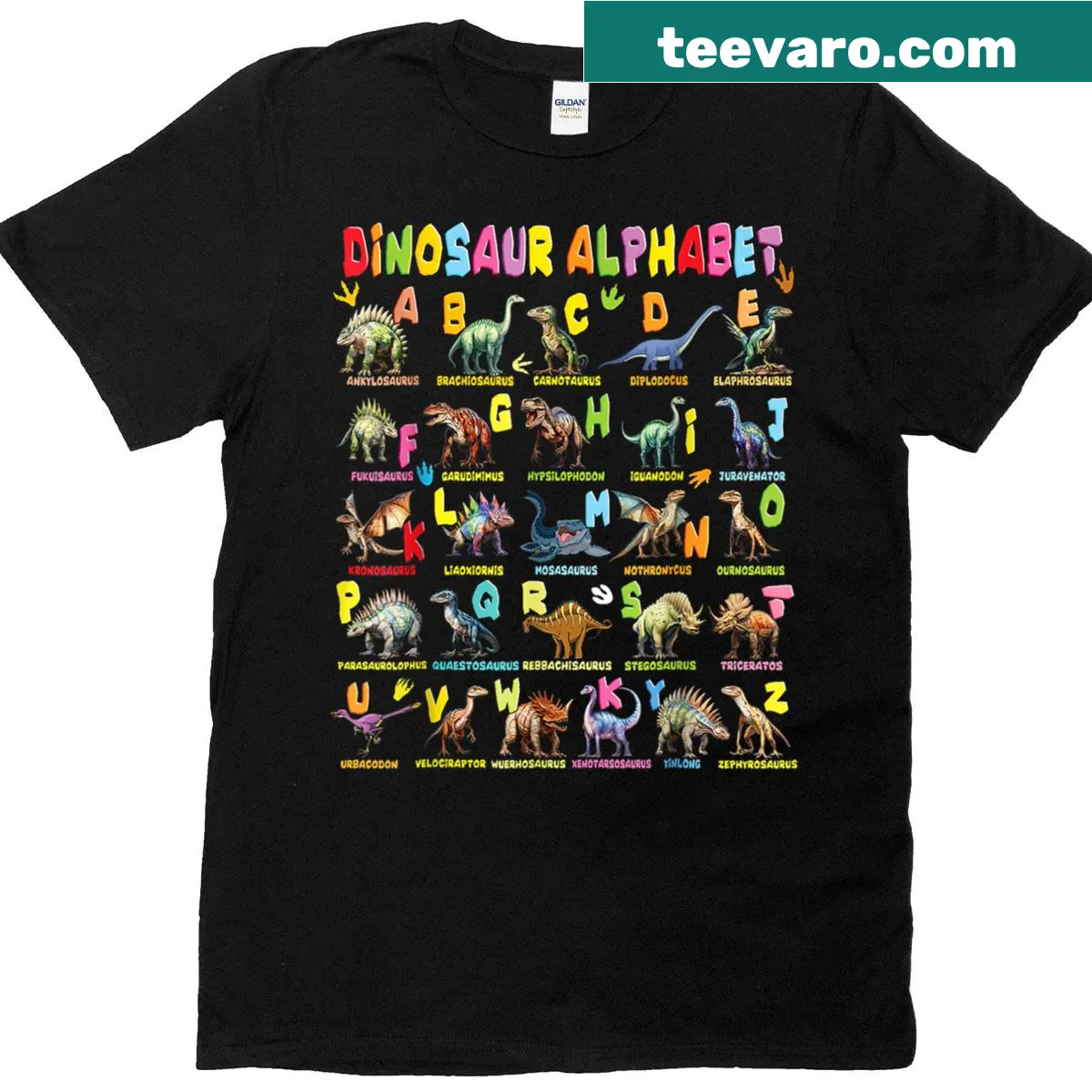 Educational dinosaur alphabet graphic on a kids' T-shirt — on a men's t-shirt