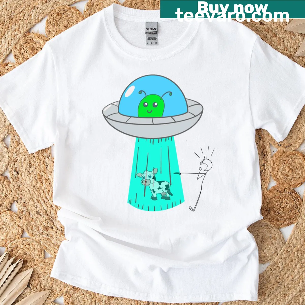 UFO abduction illustration on a T-shirt — on a men's t-shirt
