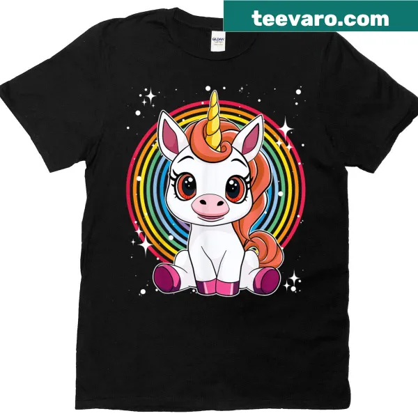 Cute magical unicorn shirt featuring a colorful cartoon unicorn