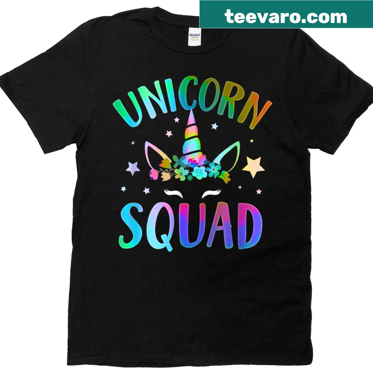 Unicorn squad graphic on a tie-dye T-shirt — on a men's t-shirt