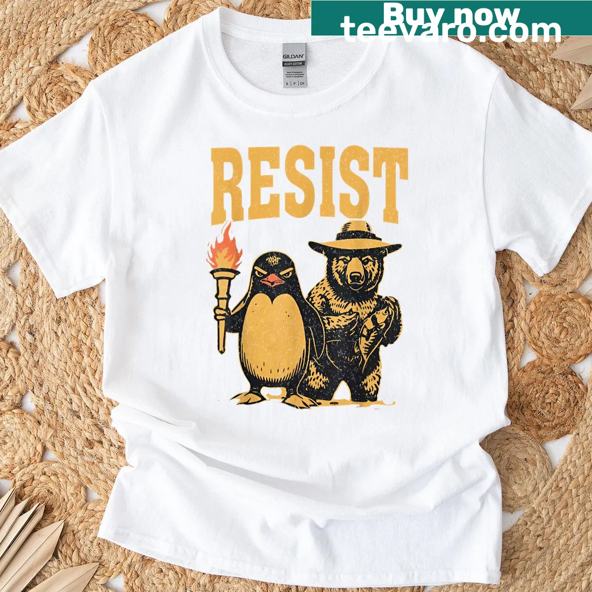 Vintage graphic t-shirt featuring funny penguins — on a men's t-shirt