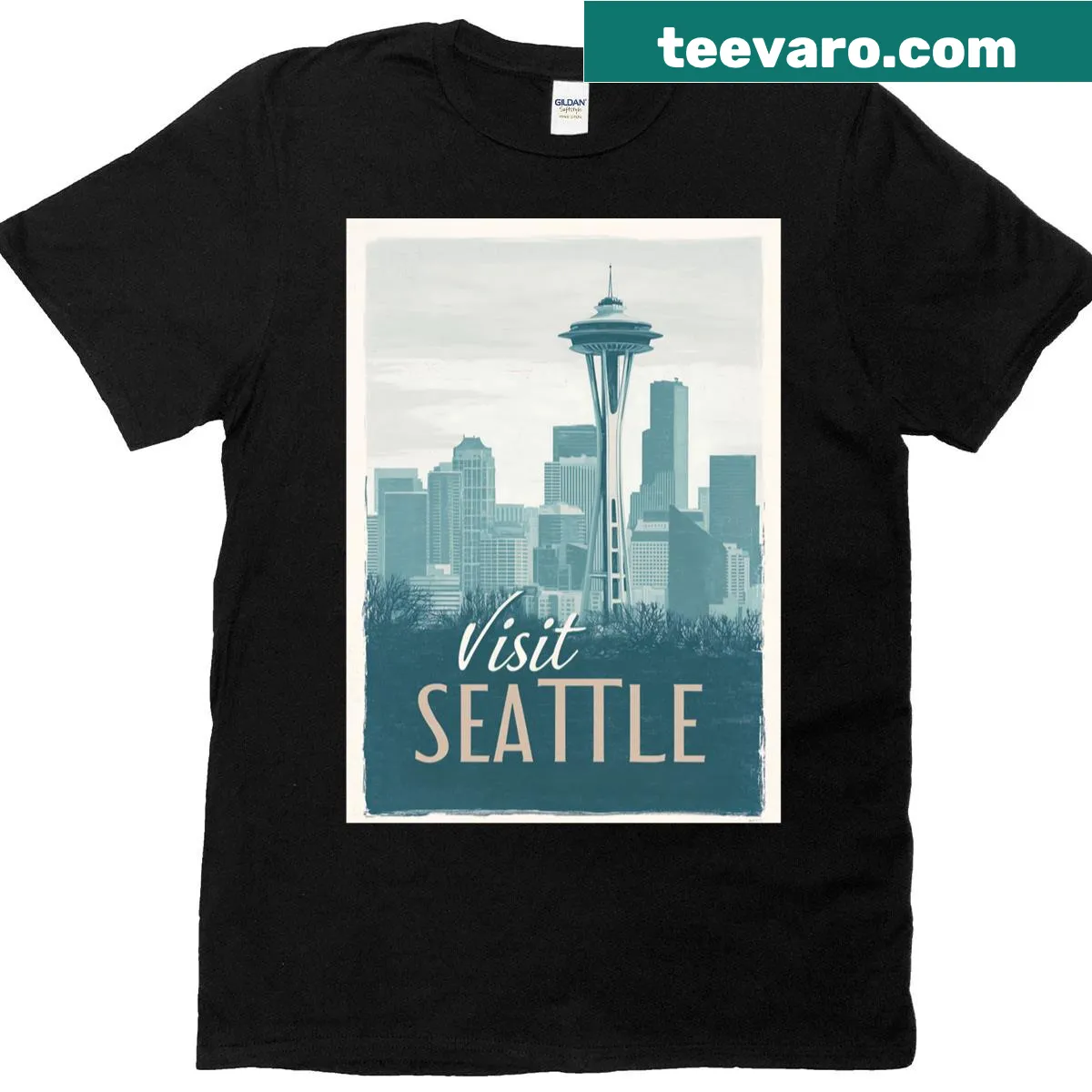 Illustrative t-shirt featuring a travel poster design for Seattle — on a men's t-shirt