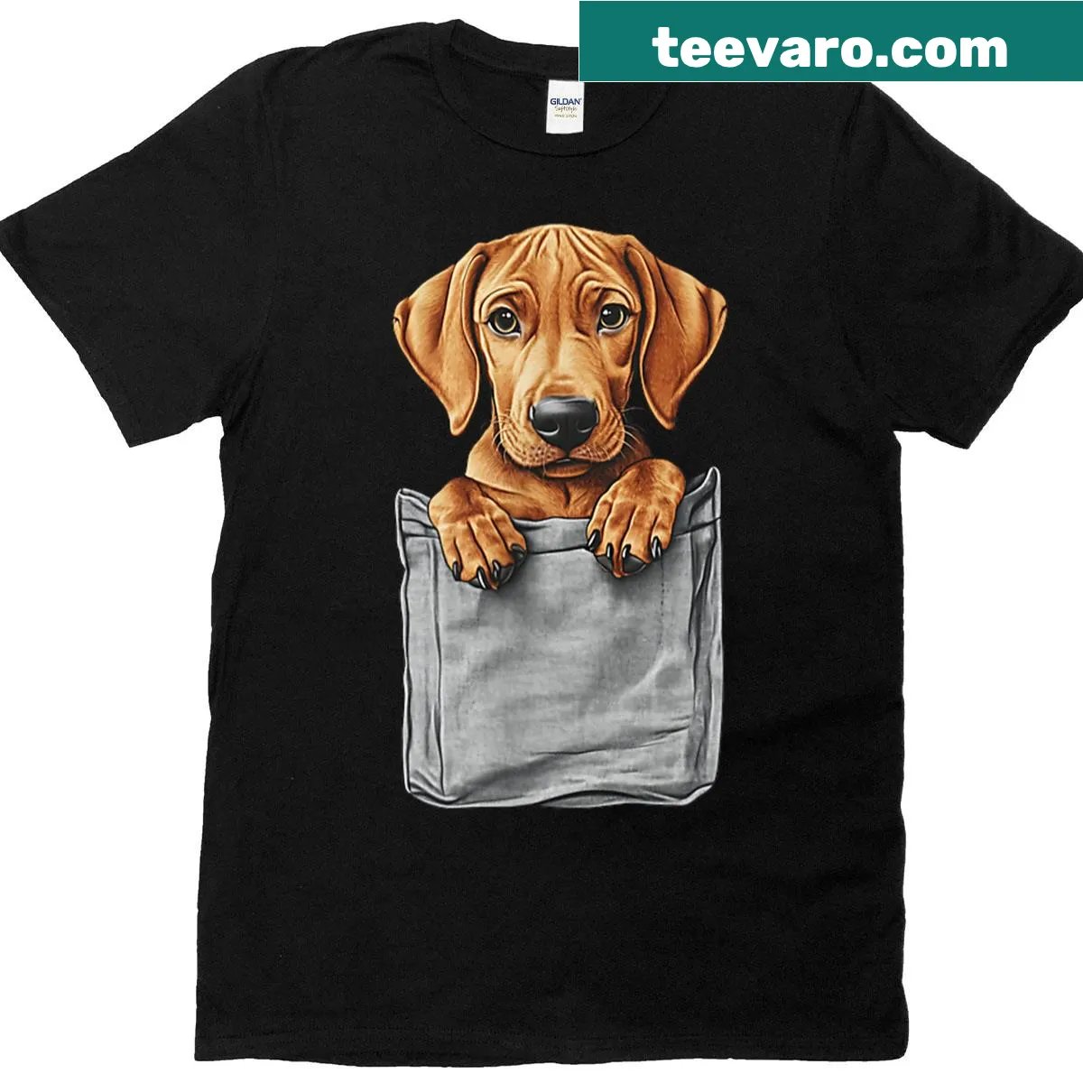 Vizsla dog peeking out of pocket t-shirt design — on a men's t-shirt