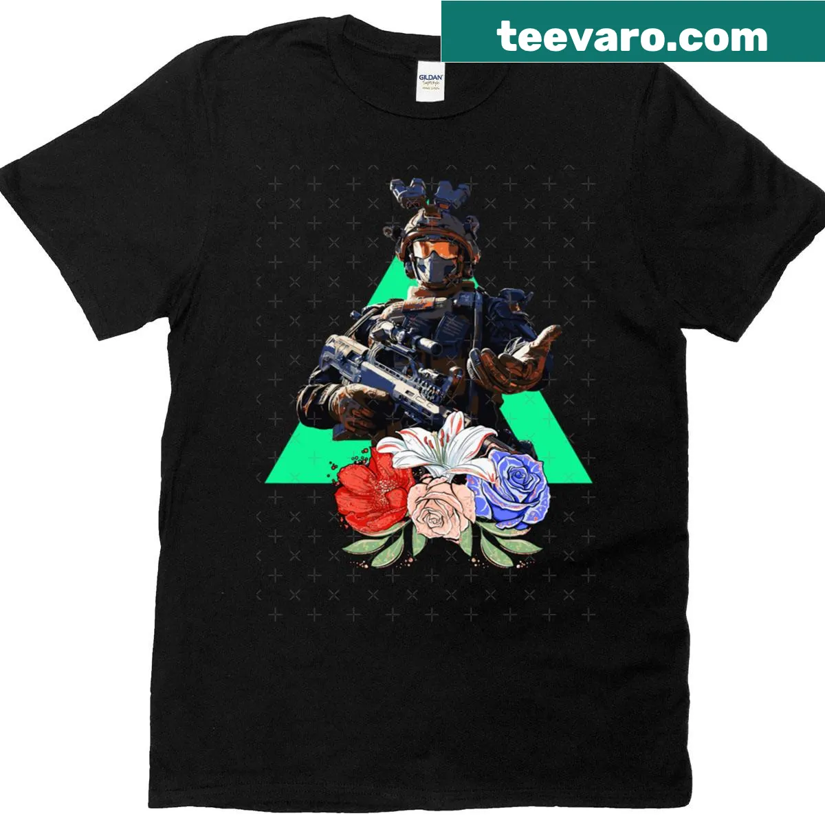 Graphic of a tactical force emblem on a gaming-themed T-shirt — on a men's t-shirt