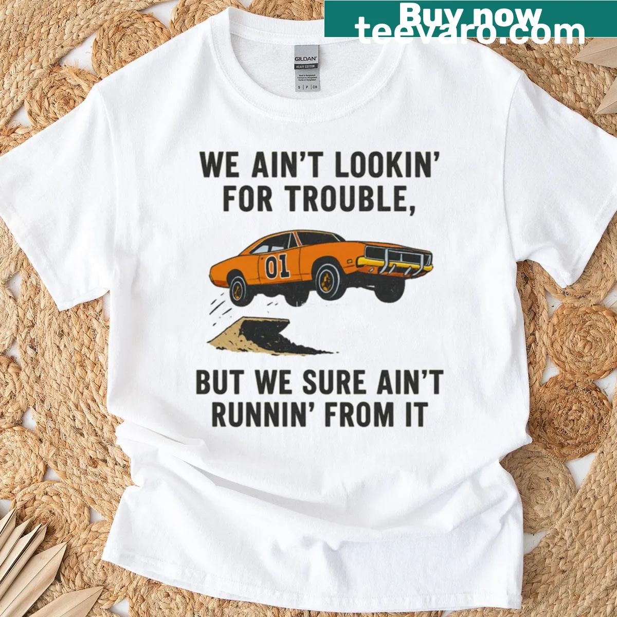 General Lee car in mid-air graphic design — on a men's t-shirt